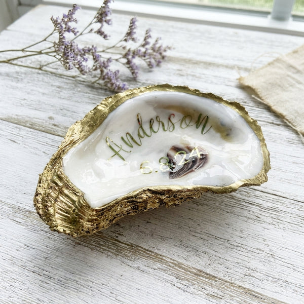 Personalized Oyster Shell Jewelry Dish with Last Name & Wedding Date