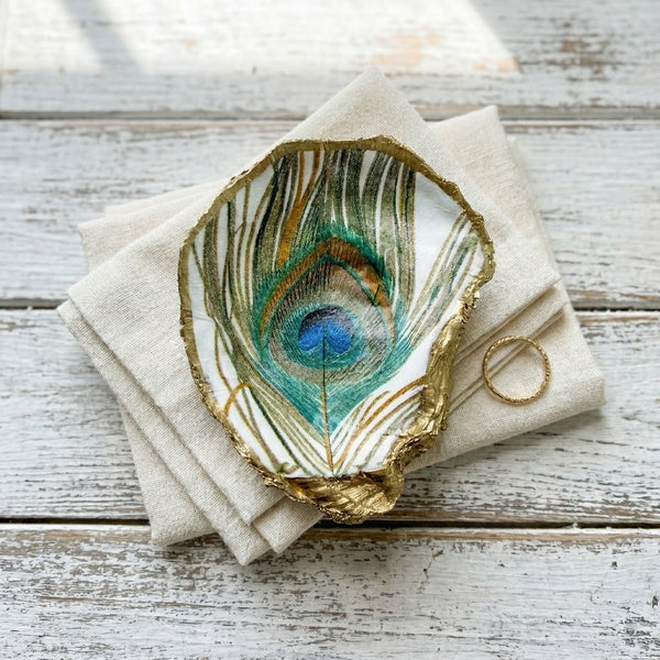 Peacock Feather Oyster Shell Jewelry Dish