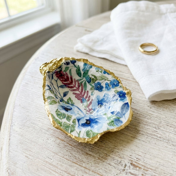 Indigo Floral Oyster Shell Ring Dish