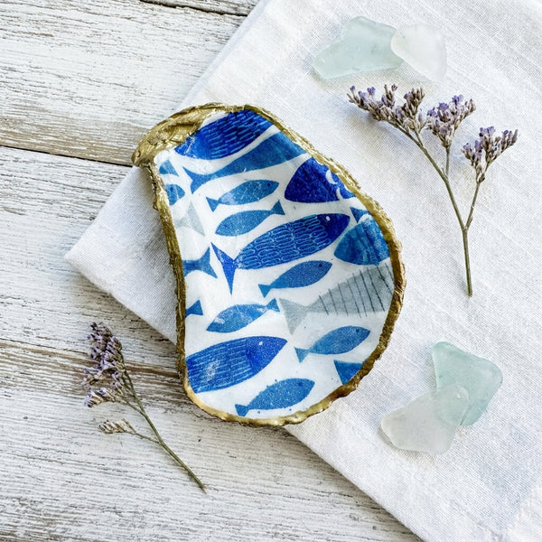 Blue Fish Oyster Shell Ring Dish