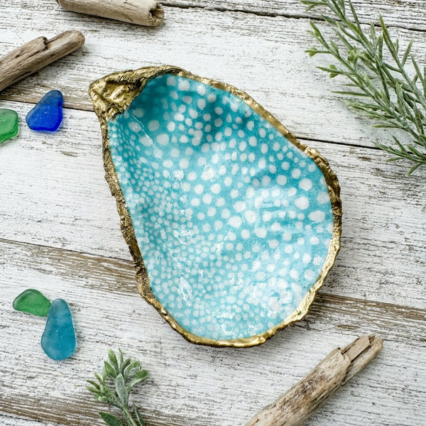 Aqua Polka Dot Oyster Shell Ring Dish
