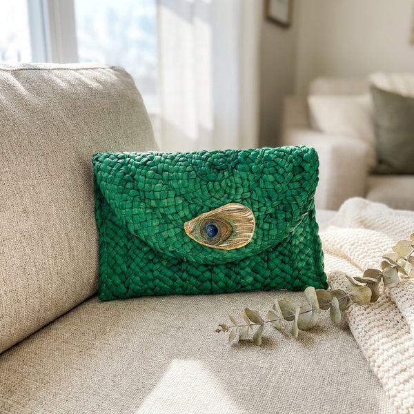 Peacock Feather Oyster Shell Clutch