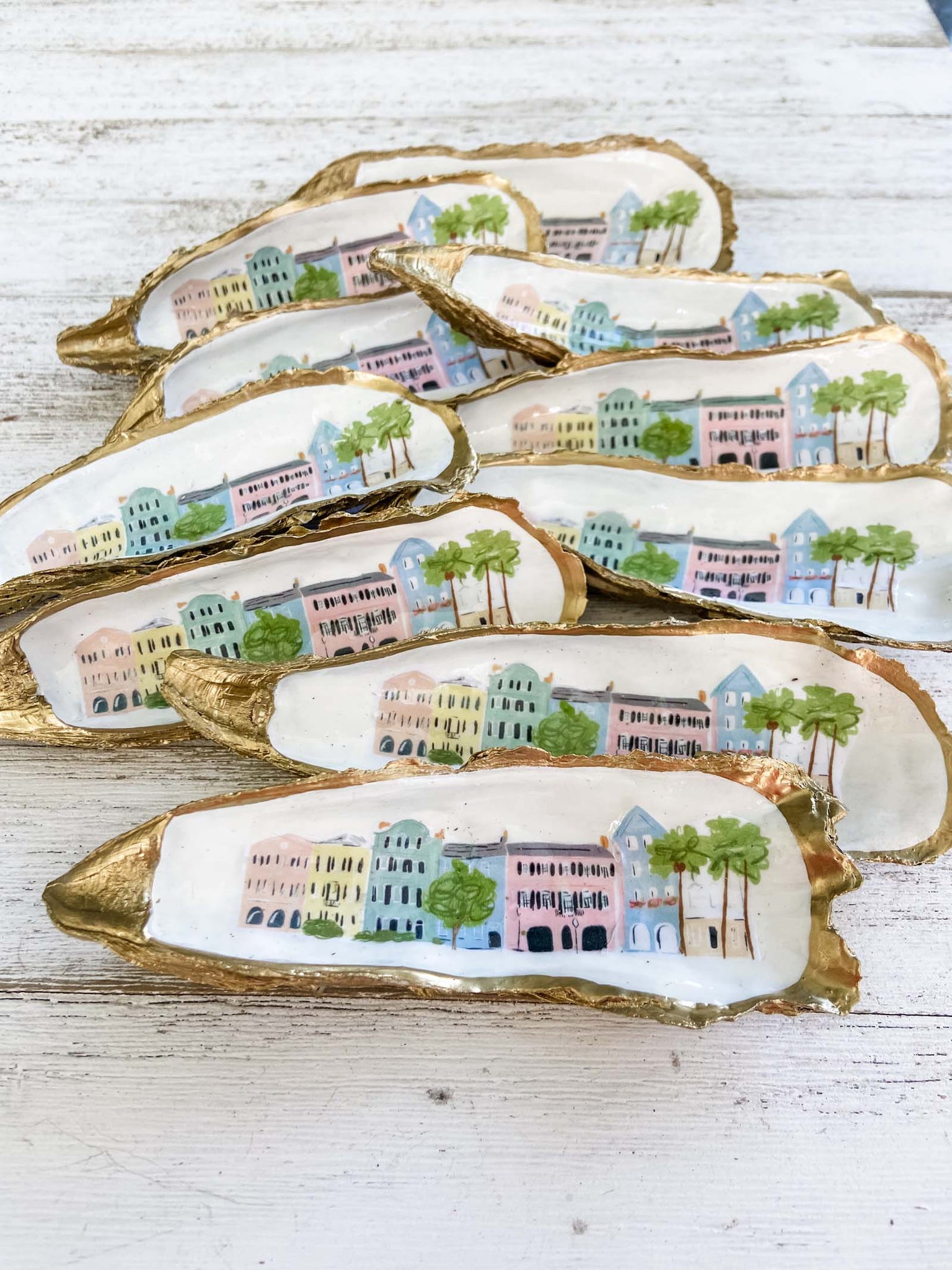 Rainbow Row Decoupaged Oyster Shell image 0