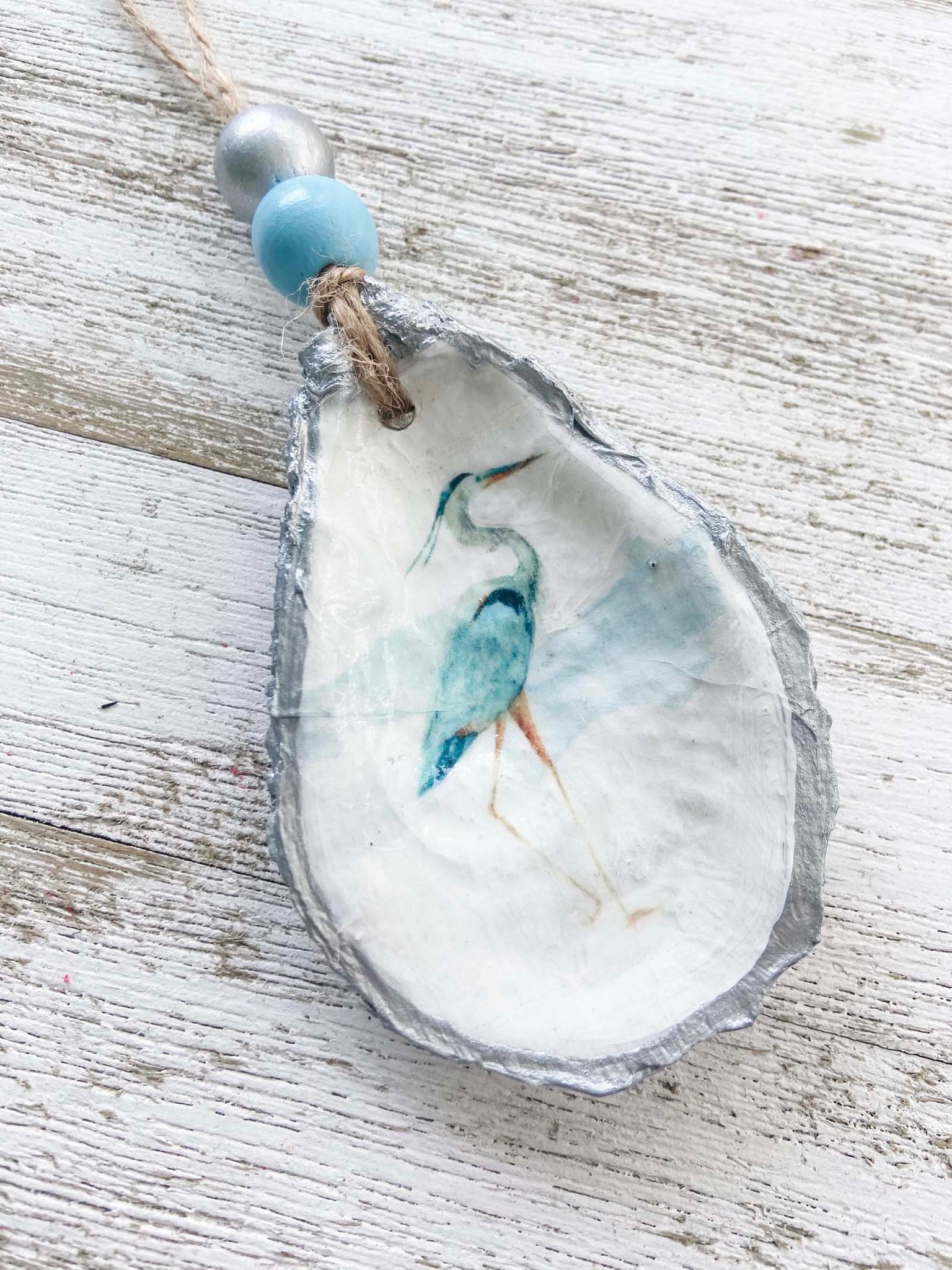 Blue Heron Decoupaged Oyster Shell Ornament image 1