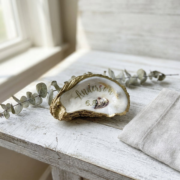 Personalized Oyster Shell Jewelry Dish with Last Name & Wedding Date