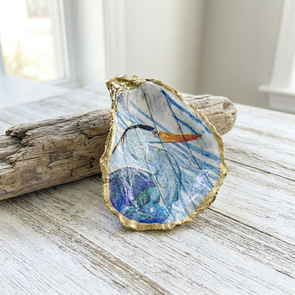 Great Blue Heron Oyster Shell Jewelry Dish