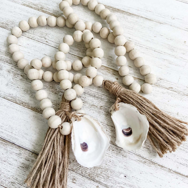 Oyster Shell Wooden Bead Garland with Tassels image 0