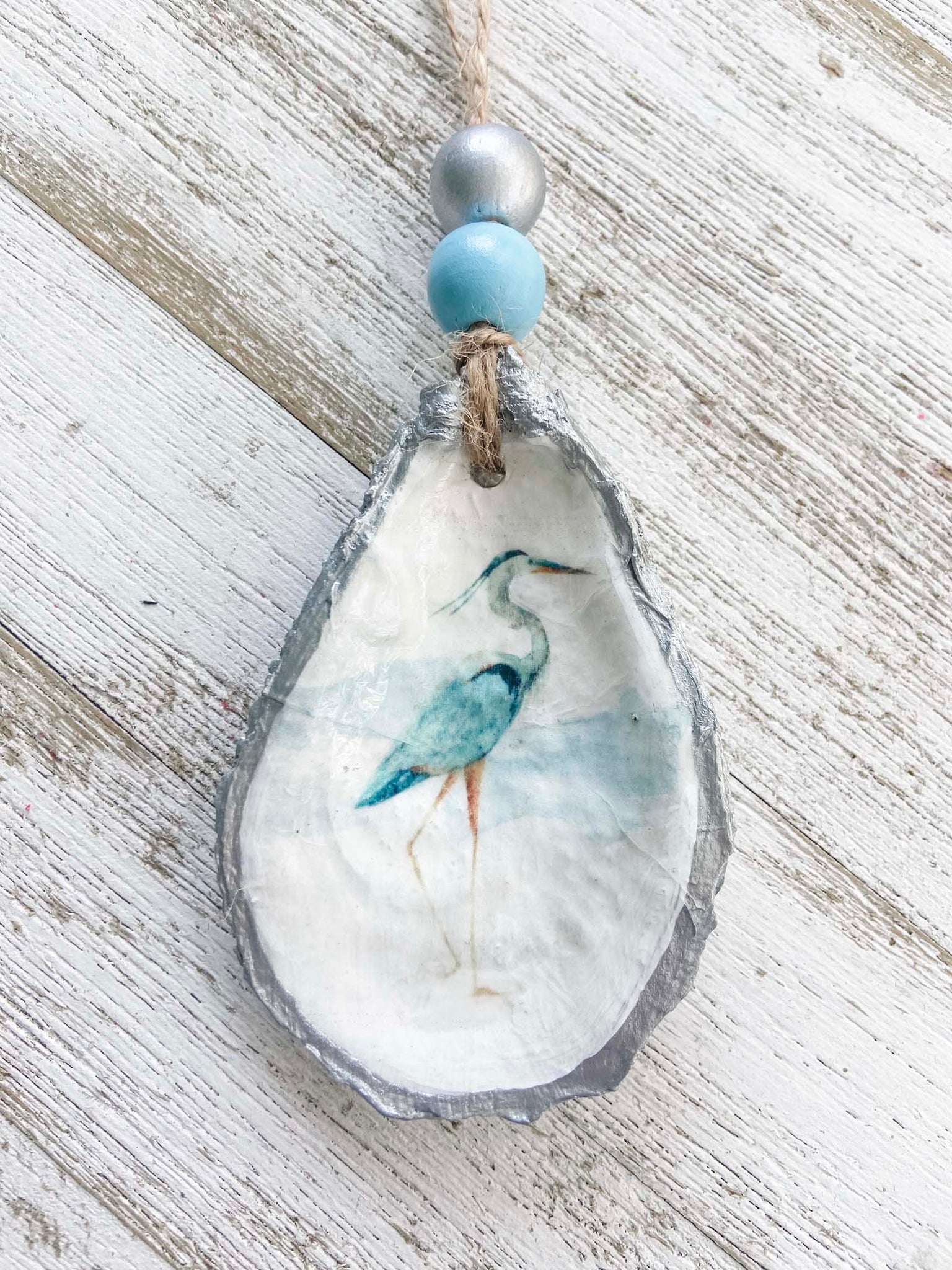 Blue Heron Decoupaged Oyster Shell Ornament image 0