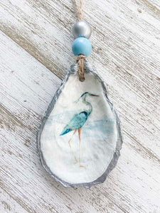 Blue Heron Decoupaged Oyster Shell Ornament image 0
