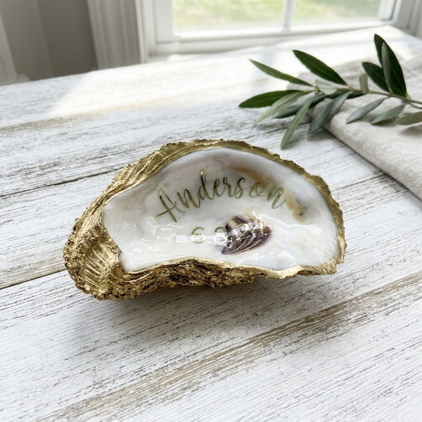 Personalized Oyster Shell Jewelry Dish with Last Name & Wedding Date