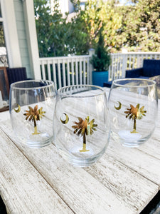 Palmetto Tree and Crescent Moon Stemless Wine Glass Set of 4