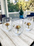 Palmetto Tree and Crescent Moon Stemless Wine Glass Set of 4