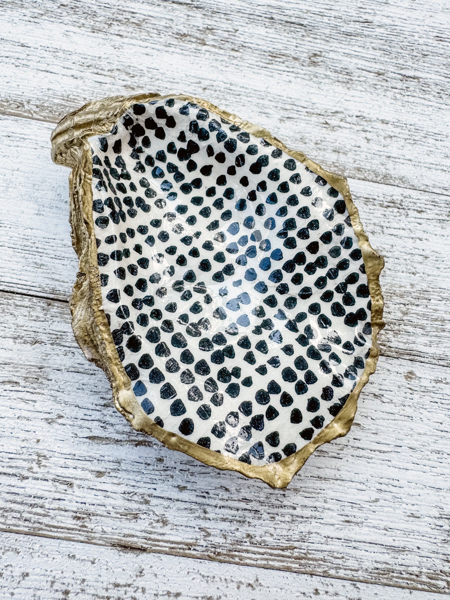 Black Polka Dot Oyster Shell Ring Dish