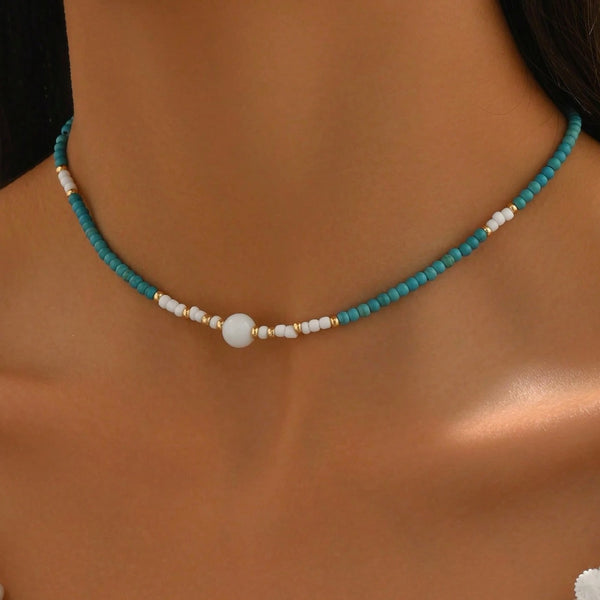 Blue Beaded Choker Necklace
